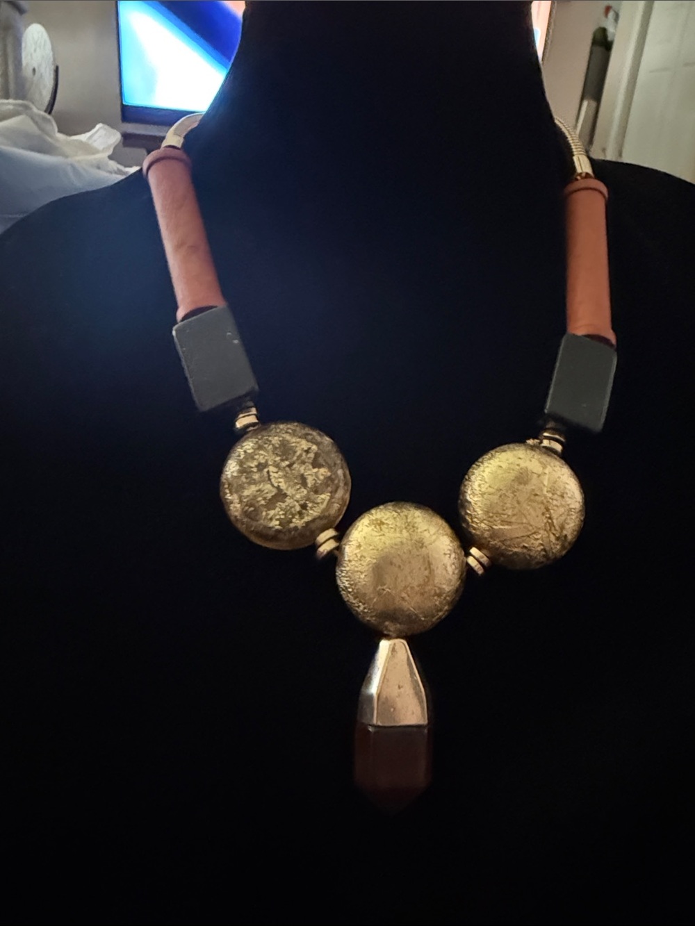 Gold Statement Disc Necklace with Brown and Gold acrylic Accents adjustable